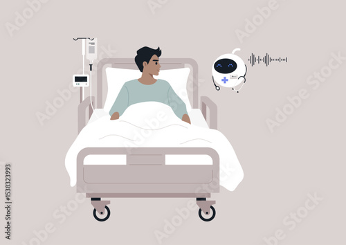 A hospital patient robot engages a recovering individual in a bed, providing supportive interactions and health monitoring. The room is peaceful, promoting healing and comfort