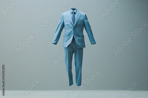 A soft blue business suit floats horizontally in the air, descending from the ceiling to the floor, appearing weightless, inhuman, real and not subject to gravity and a gray background