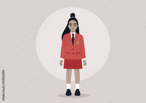 A female pupil dressed in a colorful school uniform isolated on a plain background