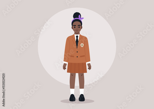 A female pupil dressed in a colorful school uniform isolated on a plain background