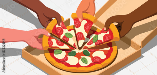 Diverse Hands Sharing Delicious Cheese Pizza Slices
