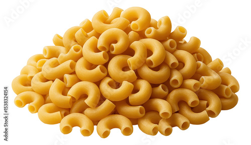 A pile of uncooked elbow macaroni pasta with a smooth texture and curved shape.