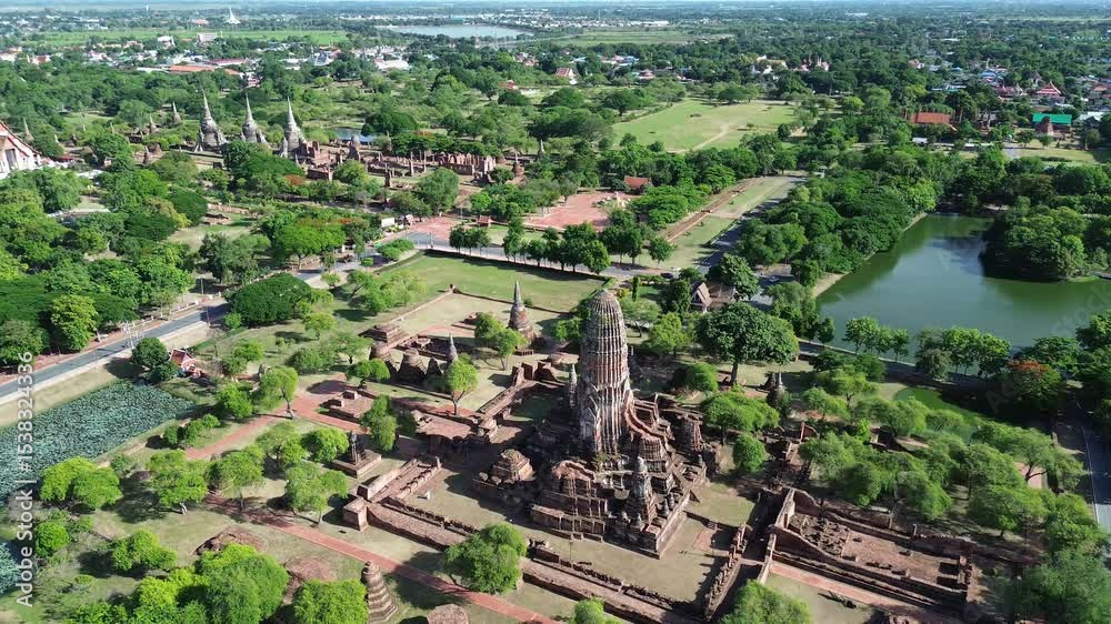 Aerial view of Wat Phra Si Sanphet in historical park . World Heritage Site, Ayutthaya, Thailand.