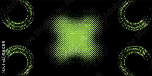 Halftone circular dots frame. Isolated circle dots texture on light green background. Dotted spray texture. Modern black and light green spiral circle sound wave vector logo abstract design element.