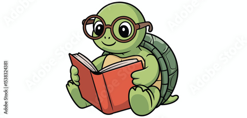 Cute Cartoon Turtle Wearing Glasses Reading a Book