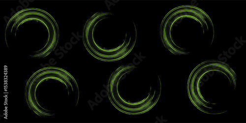 Halftone circular dots frame. Isolated circle dots texture on light green background. Dotted spray texture. Modern black and light green spiral circle sound wave vector logo abstract design element