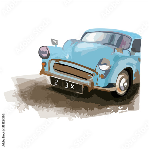 Classic car illustration, blue vintage car artwork. Good for poster, postcard, book illustration or print art