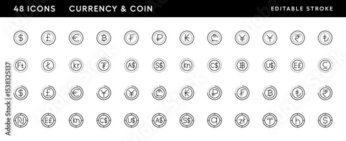 Currency icon collection. Money, coin, dollar, euro, yuan, pound sterling and more. Editable stroke. Pixel Perfect. Grid base 32 x 32.