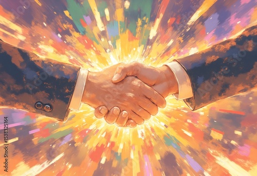 Business handshake symbolizes agreement and collaboration in a vibrant, fantastical setting with fiery colors reflecting commitment and success