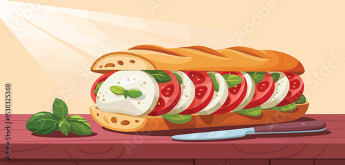 Delicious Caprese Sandwich on a Wooden Table