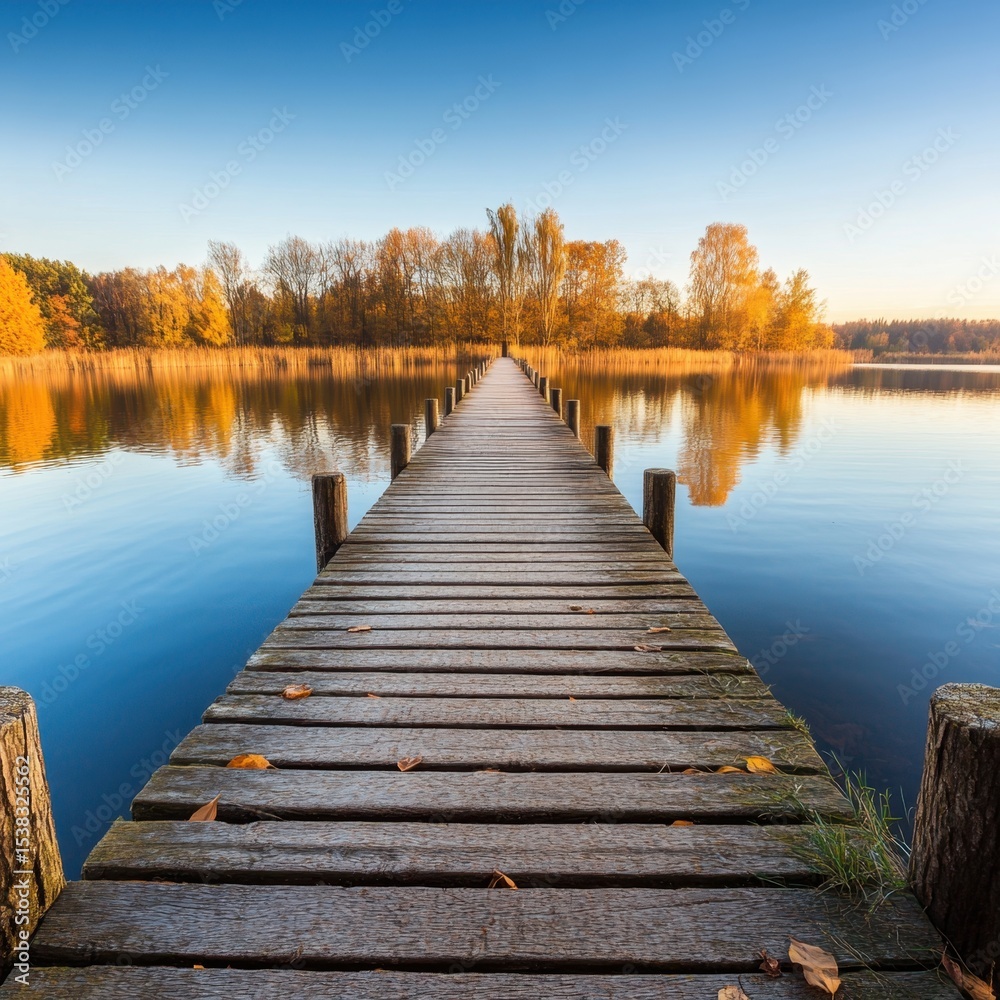 Obraz premium A long wooden pier stretches over a calm lake, surrounded by autumn trees under a clear blue sky.