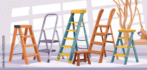Assortment of Wooden and Metal Step Ladders and Stools