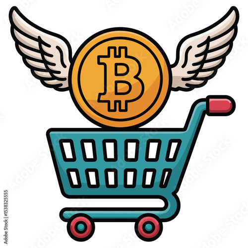 Bitcoin Cryptocurrency Shopping Cart with Wings Illustration