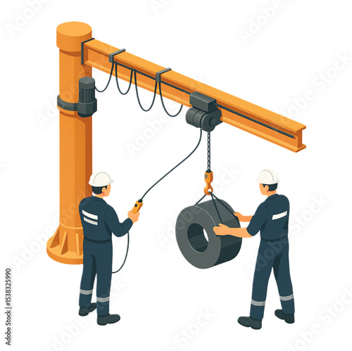 Industrial Workers Operate Jib Crane Lifting Heavy Metal Coil Material Handling Factory Safety Equipment