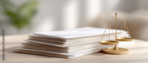 Stack of paper with golden balance scale on wooden table representing business liability insurance concept in office setting