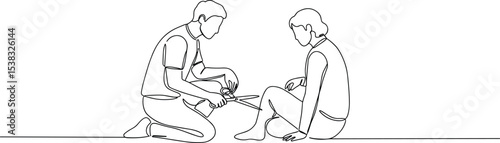 Man giving first aid to injured woman, bandaging wound, emergency help, medical support, accident assistance, healthcare service, line art, minimal design, black white illustration.