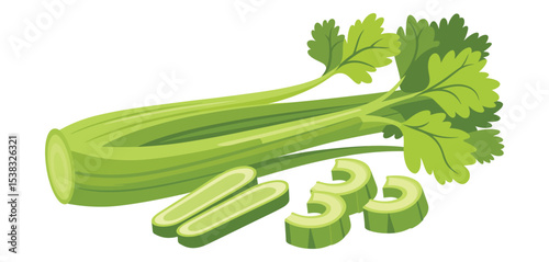 Fresh Green Celery Stalks with Leaves and Slices