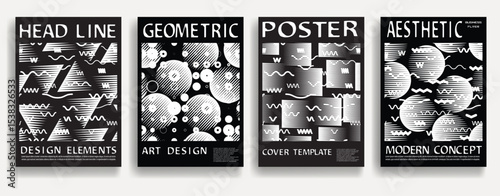 Modern posters . Vector design composition with various geometric shapes . Abstract contemporary art . Vector art ideal for media, ads, covers, brochures, banners. Black and white.
