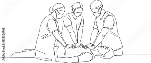 Medical team performing CPR, emergency response procedure, healthcare professionals saving life, resuscitation on patient, hospital workers, critical care illustration, 