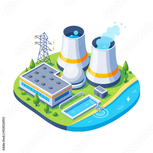 Isometric Illustration of a Coastal Nuclear Power Plant with Cooling Towers and Transmission Lines
