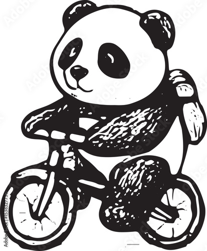 An active black-and-white panda illustration riding a bike, great for sports or outdoor-themed designs, kids' art, or energetic animal projects with a cute and adventurous vibe