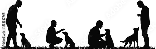 Silhouette of people training dogs, outdoor obedience session, pet care, communication, bonding, canine behavior, black white vector illustration, dog training concept, grass background scene.