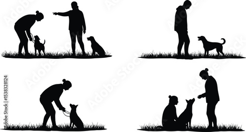 Silhouette of people training dogs outdoors, teaching obedience, bonding moments, leash control, sitting command, black and white pet care concept illustration with grass and pets.
