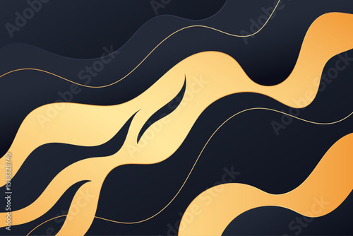 Wavy golden ribbons move across a sleek dark background forming a flowing dynamic abstract art composition