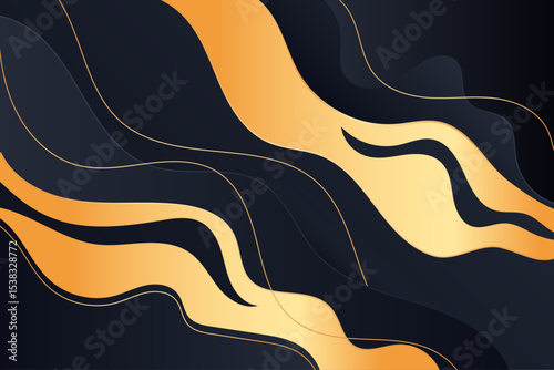 Abstract gold dynamic waves flow across a dark background with elegant curves and smooth gradients creating a luxurious wavy design