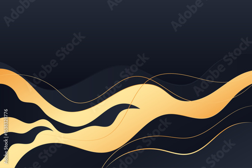 Golden wave curves stretch and bend on a dark gradient background creating a dynamic and artistic abstract visual