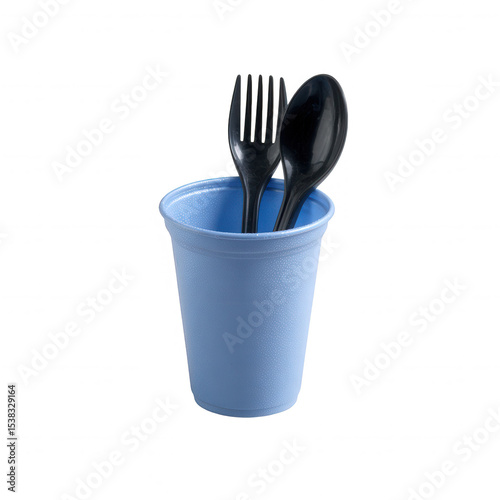 A blue cup filled with black plastic utensils, including forks and spoons, isolated on a white background.