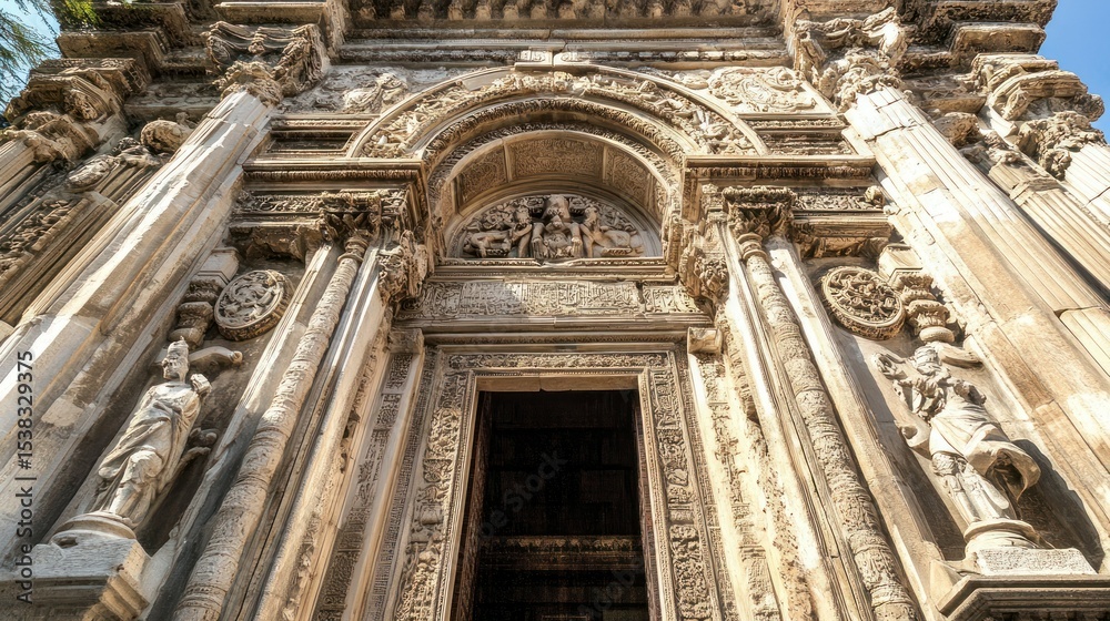Ornate stone doorway of a historical building. Detailed carvings and statues adorn the facade Ornate stone doorway of a historical building. Detailed carvings and statues adorn the facade