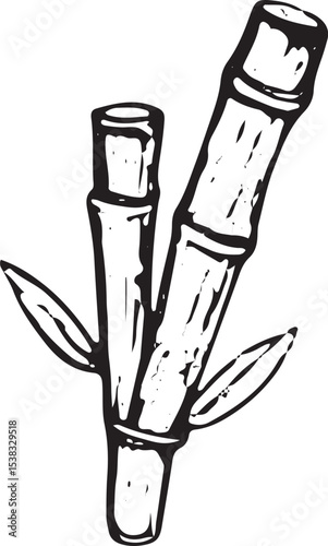 A charming black-and-white bamboo illustration with leaves, perfect for nature-themed designs, panda-related art, eco-friendly projects, or decorative elements with a rustic and organic appeal