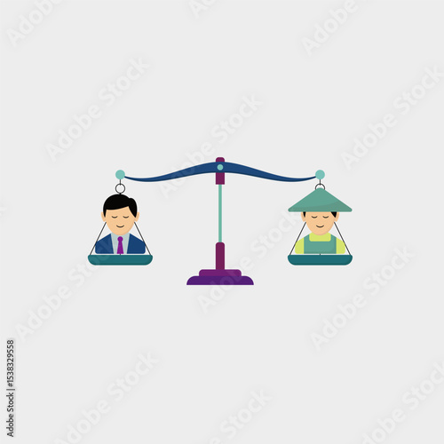 Illustration of law between officials and farmers, scales with symbols of officials and farmers vector. for world justice day