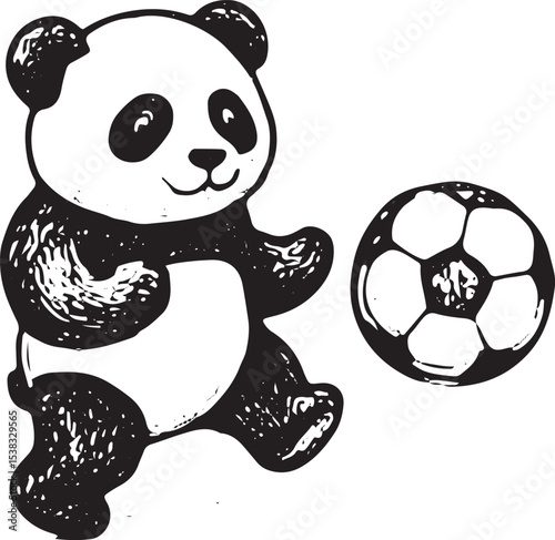 A spirited black-and-white panda illustration playing soccer with a ball, ideal for sports-themed designs, kids' decor, or playful animal art with a cute and athletic character