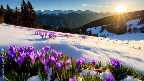 Blooming purple crocus flowers poking through snow in a mountain landscape at sunrise, symbolizing the arrival of spring