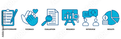 Survey banner web icon vector illustration concept for customer satisfaction questionnaire feedback with icon of evaluation, research, interview and result