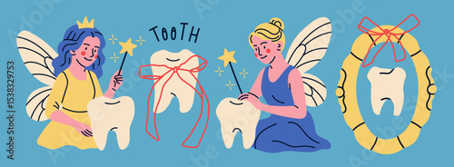 Tooth fairy with wings, magic wand. Teeth with ribbon, frame. Сute magic character. Hand drawn Vector illustration. Isolated design elements. Medical cabinet, children dentist, tooth lost concept
