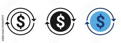 Dollar coin icon with balls spinning around. Concept of financial circulation and growth, wealth, value, investment, asset diversification .