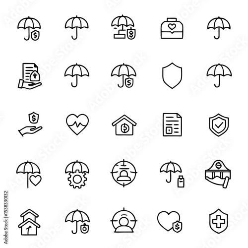Line icons illustrate home, money, property, family, and health protection and insurance against risk