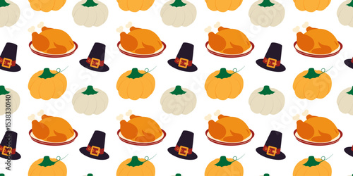 Freehand Multicolored Pumpkins Pilgrim hat and Fried Turkey on plate Seamless Pattern Thanksgiving