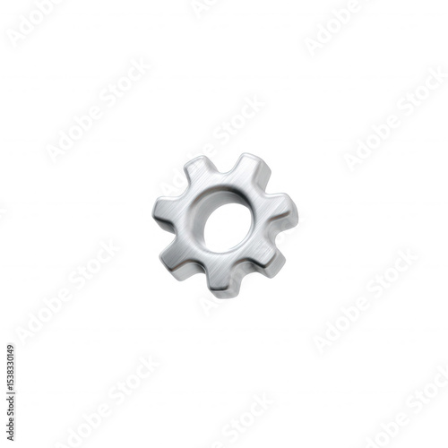 A detailed metallic gear icon with a polished surface on a white isolated background, representing mechanics and engineering concepts in modern technology.