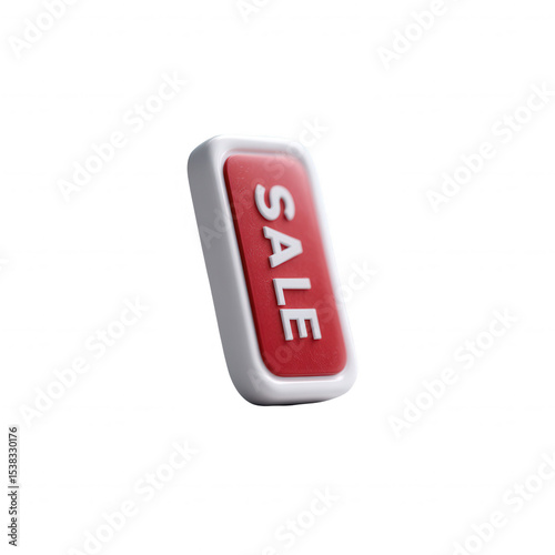 A die-cut sale button with a bold red background and white lettering, showcasing the word 'SALE' prominently, ideal for promotional materials and advertisements.