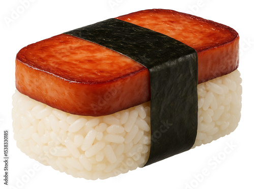 Spam musubi featuring a slice of grilled Spam on rice, wrapped with a strip of dried seaweed.