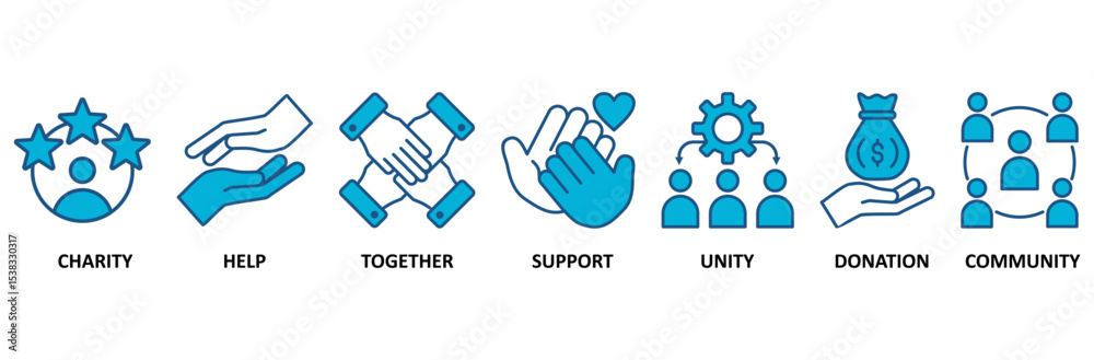 Fototapeta premium Volunteering banner web icon vector illustration concept for volunteer aid assistant with icon of charity, help, together, support, unity, donation, and community