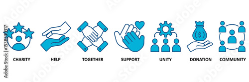 Volunteering banner web icon vector illustration concept for volunteer aid assistant with icon of charity, help, together, support, unity, donation, and community