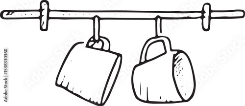 Hand-drawn sketch of a kitchen rack with two hanging mugs in minimalist black-and-white line art, ideal for modern kitchen designs, home decor inspiration, and interior illustration projects