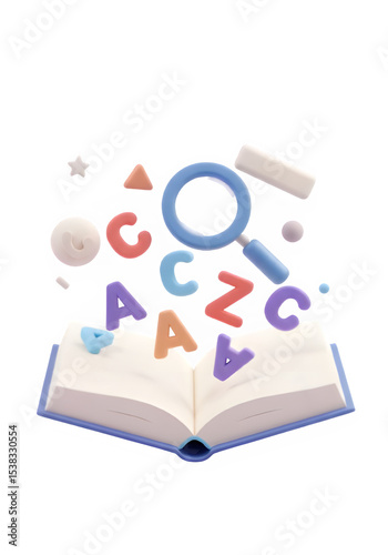 3D illustration of an open book with colorful alphabet letters, shapes, and magnifying glass floating above it, isolated on transparent