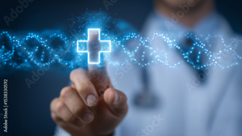 Healthcare professional interacting with digital medical icons photo