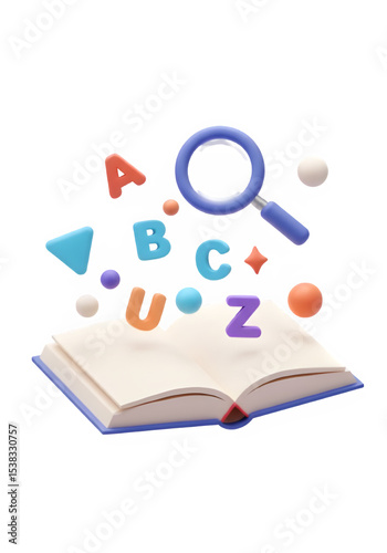 3D illustration of an open book with colorful alphabet letters, shapes, and magnifying glass floating above it, isolated on transparent